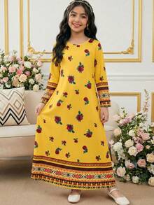 Tween Girls Yellow Autumn Boho Family Matching Casual Floral & Print Long Sleeve Robe,Vintage Elegant Kaftan Traditional Arabic Style Patterned Dress - Multicolor - View 2