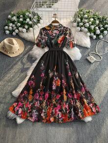 Rometta 大码雪纺连衣裙，无弹力修身女装，印花短袖，前襟纽扣，内衬防止透视，休闲浪漫优雅度假风 - 橘色 - 查看 2