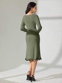 Modelyn Autumn/Winter Sexy Ruffle Hem Ribbed Knit Long Sleeve Bodycon Dress - Green - View 2
