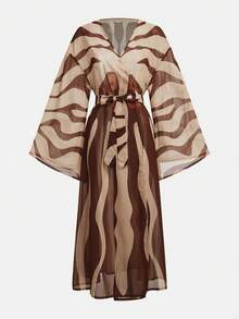 Maija Women's V-Neck Twist Waist Design Long Sleeve Casual Everyday Wear Coverup Dress Bohemian Zebra Print Summer Vacation - Brown - View 5