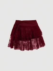 SHEIN MOD Damen Minirock in Große Größen mit schwarzer Spitze und Tunnelzug, Neujahrskostüme, Rave-Outfits, Festival, Y2K-Kleidung, sexy Rock, Western-Bekleidung für Frauen, Sommeroutfits für Frauen, Country-Outfits, Valentinstag, Kreuzfahrt-Outfits für Frauen, sexy - Bordeaux - Übersicht 5