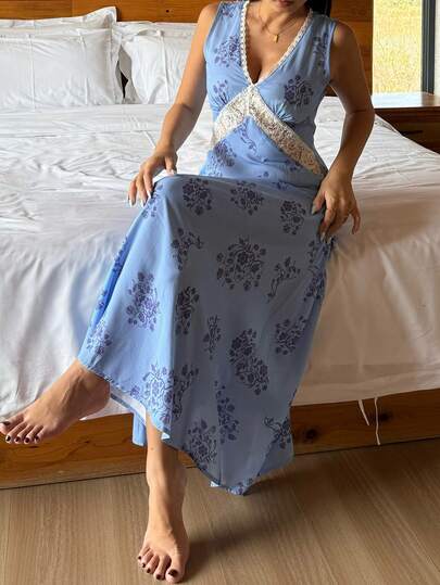 DAZY Vacation Style Floral All-Over Print Contrast Lace Patchwork Cinching Waist Long Sleeveless Women Nightgown