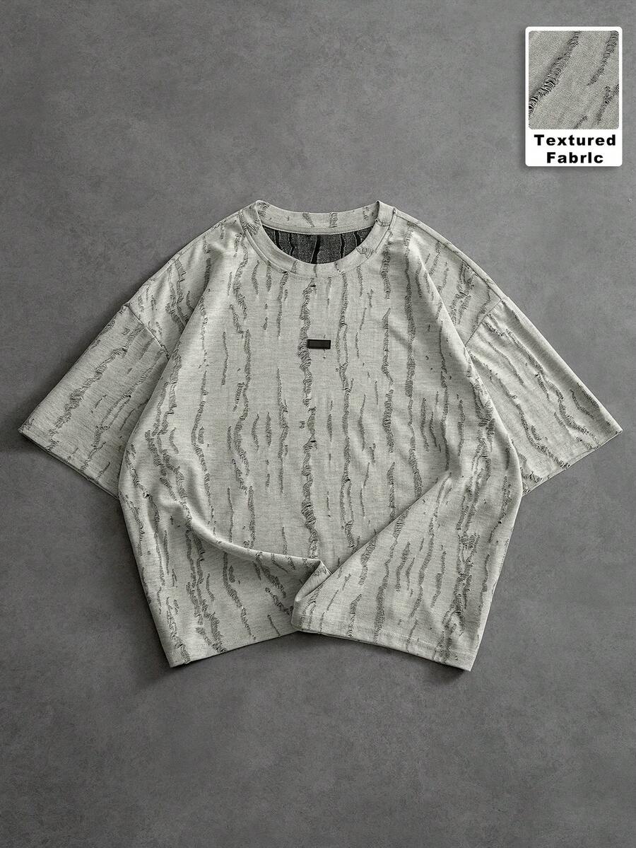 PAVTROS Men's Textured Crew Neck Casual Loose Short Sleeve T-Shirt - Grey - View 1