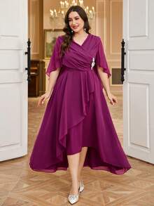 Reflora Đầm midi ngắn tay xếp ly màu trơn dành cho nữ cỡ lớn, thanh lịch - Màu đỏ tím - Xem 5