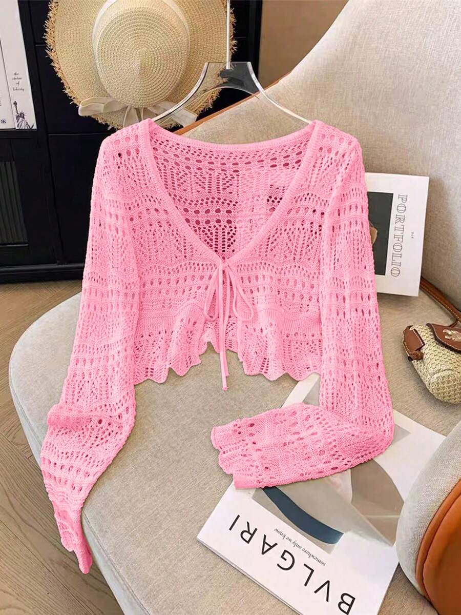 SHEIN LUNE 新款纯色镂空钩编蕾丝轻薄开衫,百搭女士针织毛衣 - 粉色 - 查看 1