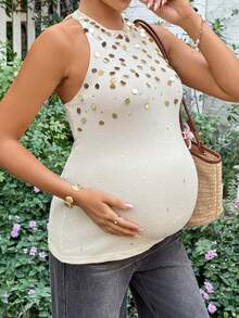 SHEIN Maternity Clothes Maternity Tops Pregnant Women's Fashionable Sequin Halter Tie-Up Knit Top, Summer Vacation - Apricot - View 6
