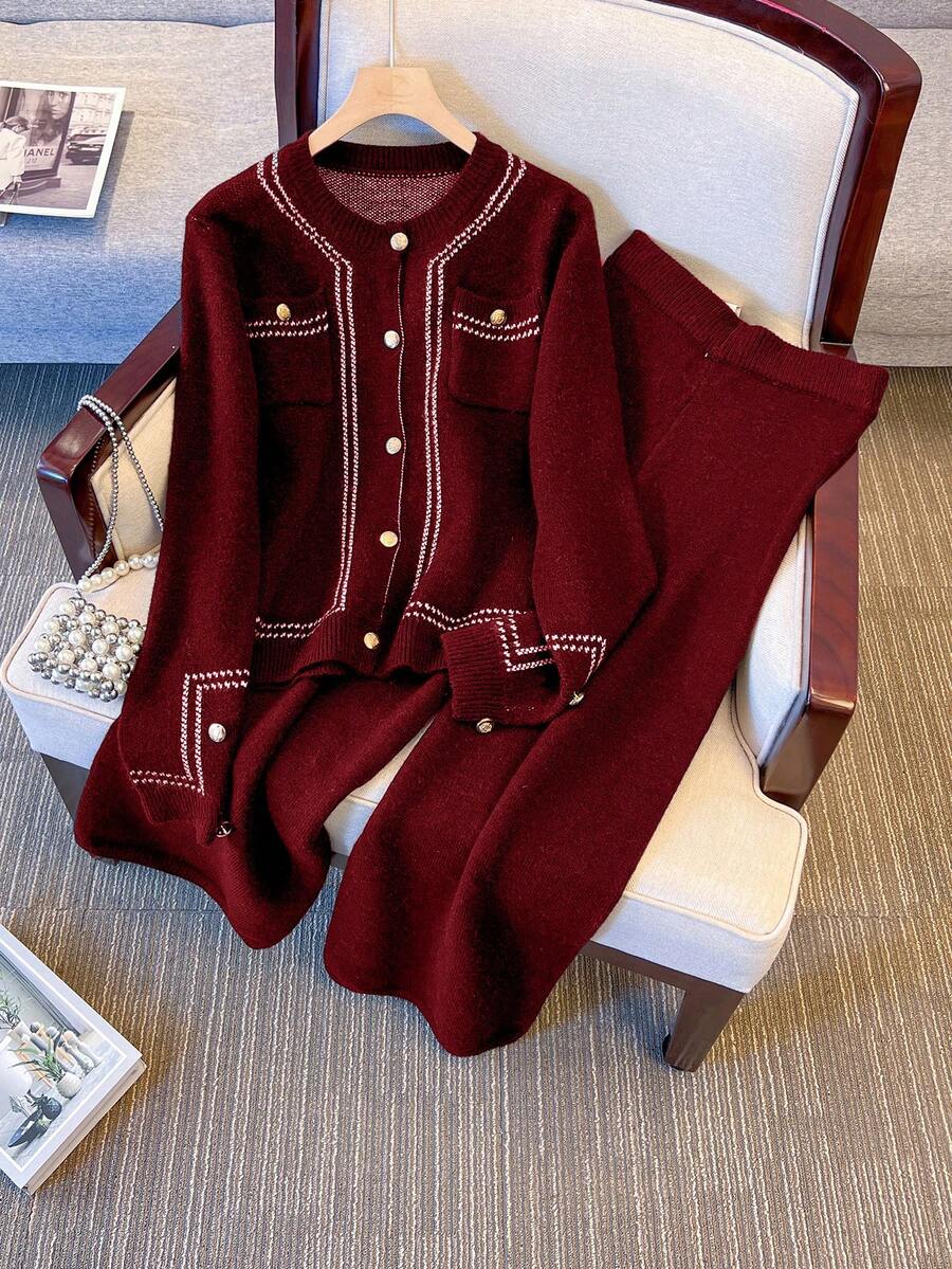 SHEIN Franclia Bộ 2 món áo len cardigan dệt kim cài một hàng khuy và quần len thường ngày dành cho nữ mùa thu/đông - Màu Đỏ Sâu - Xem 1