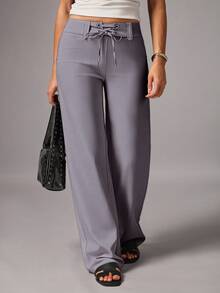 Avenya Pantalones anchos y sueltos de estilo casual para mujer con diseño de cordones y callos de maíz, para uso diario - Gris Claro - Ver 3