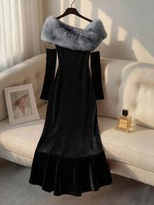 Franclia Women's Elegant Party Faux Fur Collar Fishtail Dress, Autumn/Winter - Black - View 6