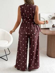 Ceyna Plus Size Women's Classic Retro Polka Dot Vest And Wide Leg Pants Set Summer Holiday Outfits - Brown - View 2