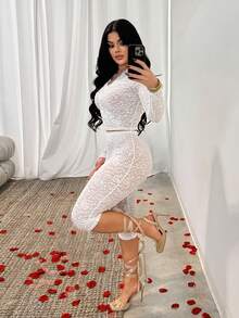 SHEIN SXY Women's V-Neck Lace Patchwork Long Sleeve Top And 7/8 Pants Sexy Date Party Outfit, White 2 Piece Set, 2 Piece Casual Sets Woman, Elegant 2 Piece Set, Mesh Two Piece Set, Lace 2 Piece Set,Club,Valentine's Day - White - View 4