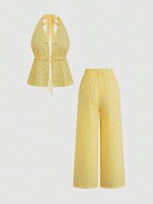 Sweetra 夏季休闲纹理条纹吊带背心和阔腿裤加大码女装两件套 - 彩色 - 查看 2