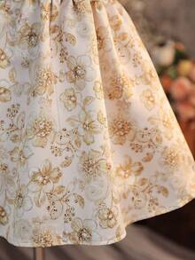 SHEIN Đầm thanh lịch tay phồng họa tiết hoa jacquard trang trí nơ cho bé gái - Rượu sâm banh - Xem 7