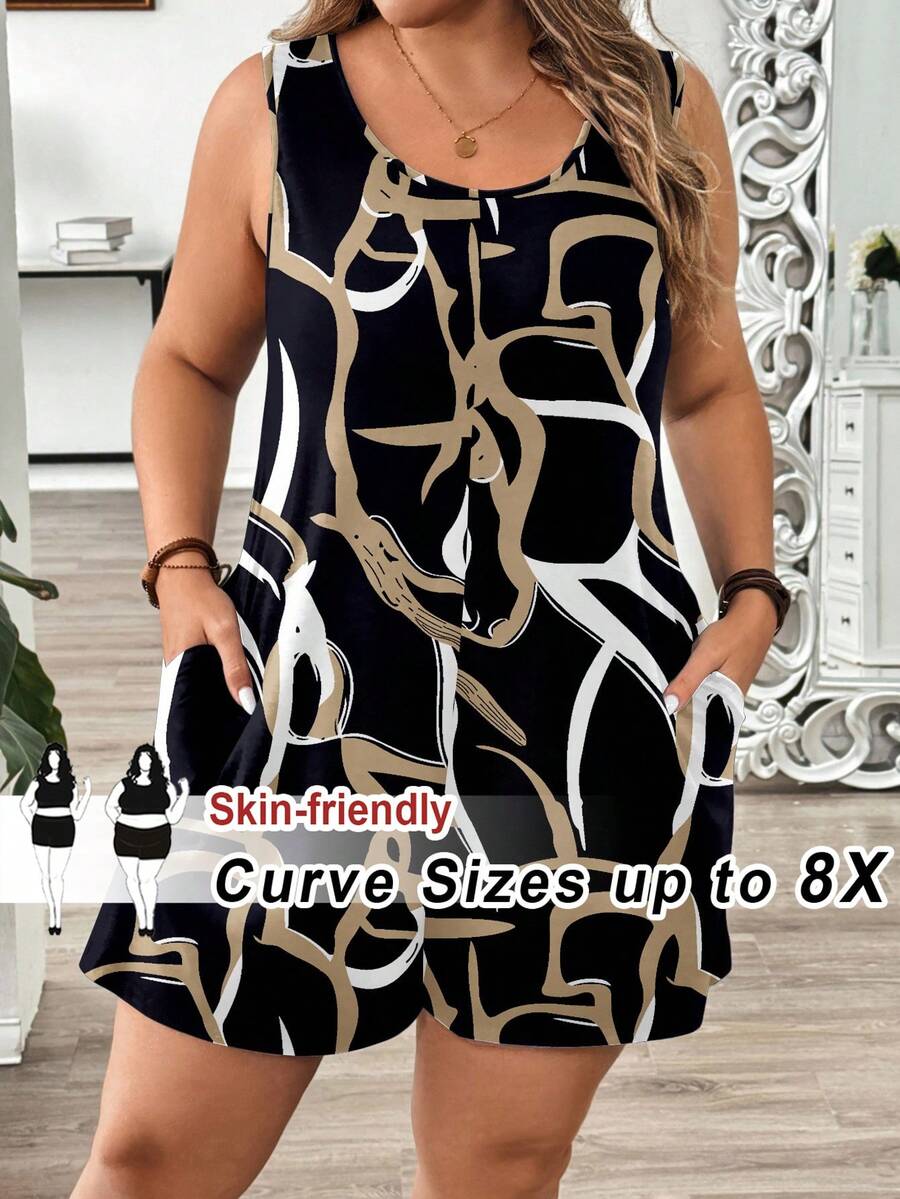 SHEIN CURVE+ Curve 尺码 US22 音乐节、海滨度假、波西米亚风女士夏季纯色圆领带口袋休闲连体裤 8XL 女装 - 彩色 - 查看 1