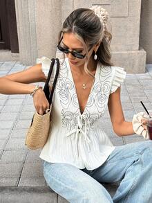 Pariaura 休闲度假风V领刺绣系带衬衫 - 杏色 - 查看 7