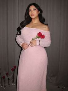 Firerie Plus Size Elegant Solid Color Textured Off-Shoulder Dress, Autumn