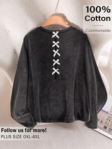 CosyJoli Plus Size French Style Hollow-Out Bow Striped Knit Sweater - Black - View 3