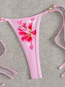 Swim Vcay 2件套女士新款印花细肩带露背超三角比基尼上衣和丁字裤性感比基尼套装 - 粉色 - 查看 4