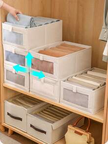 1 pieza de bolsa de almacenamiento plegable para ropa y mantas, caja de almacenamiento con ventana transparente y asa, cesta de almacenamiento de lino plegable reforzada, la tela se puede colocar en el estante de almacenamiento del armario, caja de almacenamiento de ropa grande para el dormitorio, armario - Beis - Ver 3