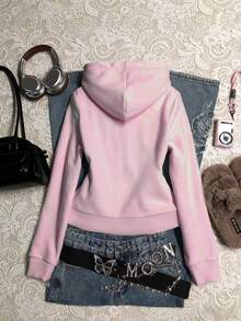 Glimmora Women's Letter Print Long Sleeve Zip Front Casual Sweatshirt - Pink - View 2