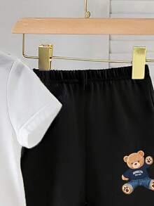 SHEIN Playful Pals 男婴夏季两件套，圆领短袖卡通熊印花T恤搭配黑色短裤，可爱时尚，适合夏季户外穿着，简约户外运动和街头风格。 - 彩色 - 查看 2