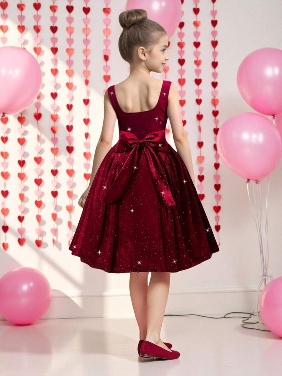 SHEIN 复古少女连衣裙,无袖露背领结连衣裙,情人节化妆舞会礼服,新年礼服圣诞装 - 紅色 - 查看 1