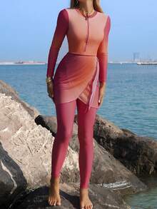 Swim Shayni 26SS Summer Vacation Beach Resort Middle East Conservative Long Sleeve & Long Pants Burkini 3 Pieces Set, Flame/Sunset Ombre,Women Spring Break Beach Outfits: Moderate Conservative Middle Eastern Style Ombre Multi-Color 3 PiecesSwimsuit Set For Summer Beach Vacation,Elegant Women's Beach Swimsuit,Vacation Outfits Women,Holiday, Swimsuit With Sleeves Long Tight Dress High Stretch Dress Mesh Dress For Women See Through Dress Swimsuit Modest Hijab Swimsuit Mesh Two Piece Set Sunset Colors Outfit Mesh Outfit Women Modest Swimsuit Full Coverage Swimwear - Multicolor - View 3