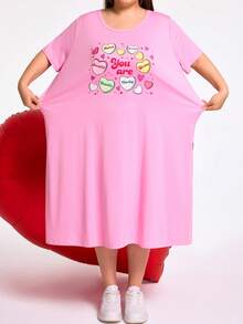 SHEIN CURVE+ 加大码/情人节/加大码红色心形印花长裙，情人节 - 粉色 - 查看 8