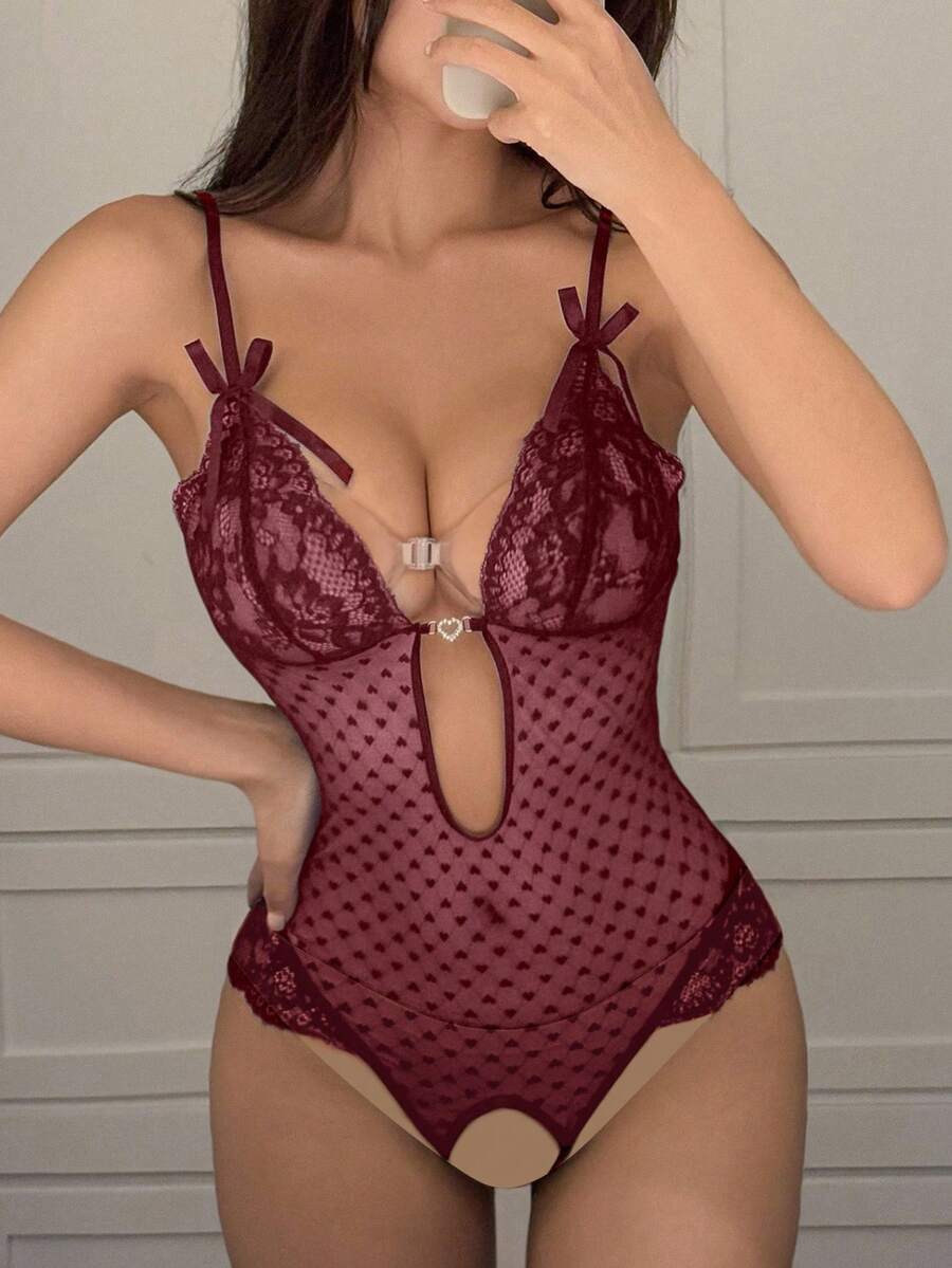 DAZY Adjustable Sheer Mesh Hollow-Out Sexy Bodysuit For Women - Burgundy - View 1