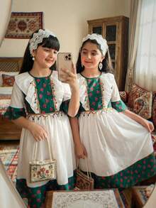 SHEIN 1pc Girls' Traditional Arab Abaya Dress,White Floral,Summer,Boho,Family Matching,Round Neck Patchwork Flare Sleeve,Ruffle Hem Golden Floral Trim,Green - White - View 1
