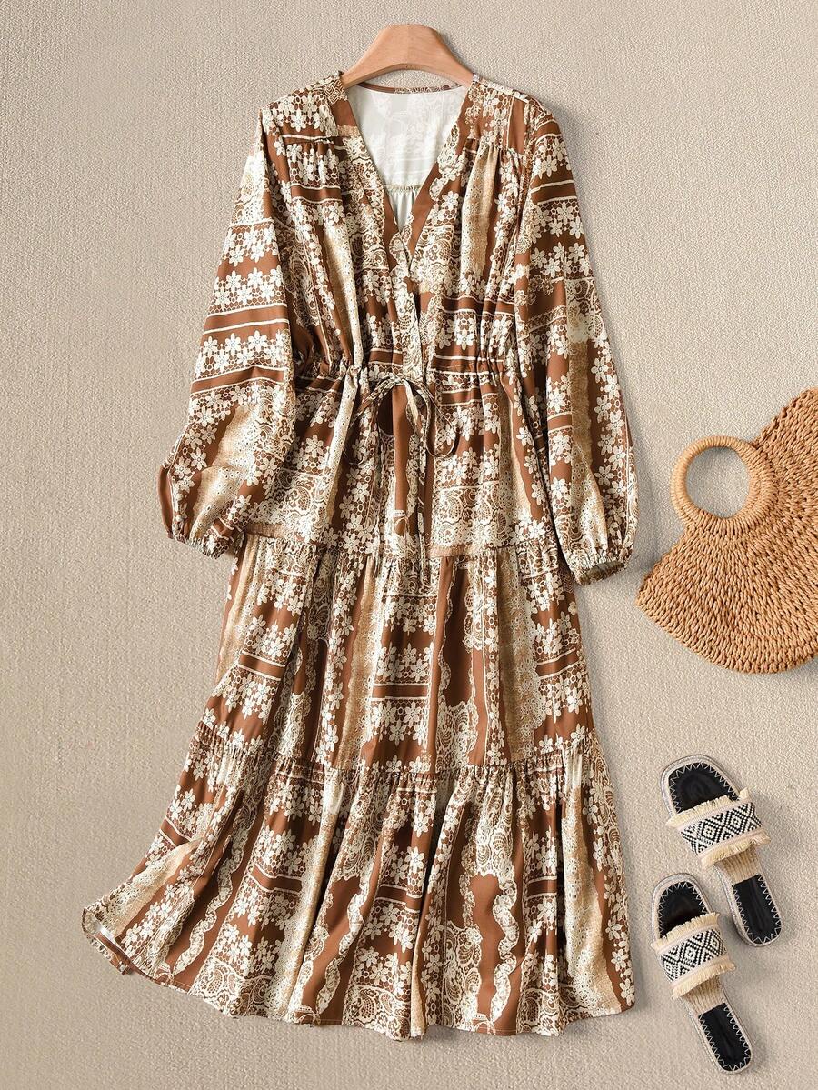 Rusticease 女士时尚扎染印花衬衫裙，春秋季长款女装套装长款衬衫裙休闲连衣裙女士长袖连衣裙 - 彩色 - 查看 1