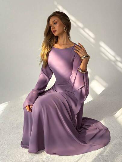Aloruh Women's Bohemian Glamorous Elegant Chiffon Crew Neck Flare Sleeve Ruffle Waist Tie Back Long Sleeve Maxi Dress, In Purple, Id AI-Adha,AI-Adha Party,Women Party Dress,Women Long Sleeve Dress,Women Occasion Dress,Elegant Dresses For Party, Birthday Dresses For Women