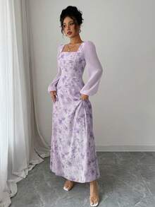 Modelyn Vestido de verano elegante de manga larga con cuello cuadrado y estampado para mujer - Morado - Ver 4