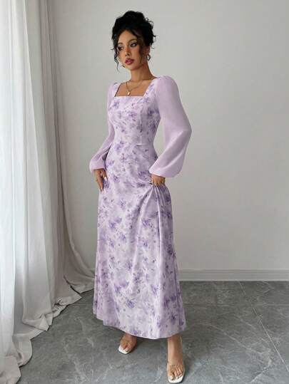Modelyn Vestido de verano elegante de manga larga con cuello cuadrado y estampado para mujer