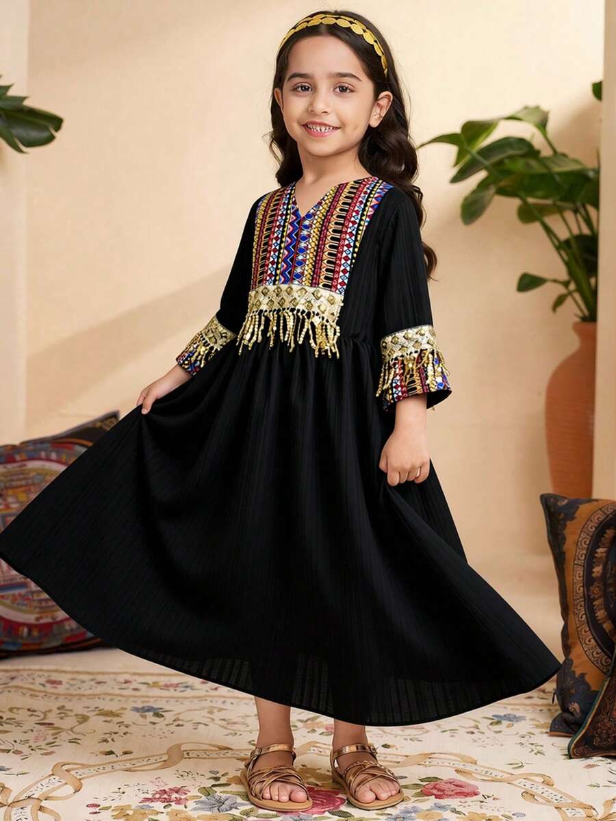 SHEIN Young Girl' Apricot Long Sleeve Totem Print Dress, Suitable For Vacation, Daily Wear, Spring And Summer - Black - View 1