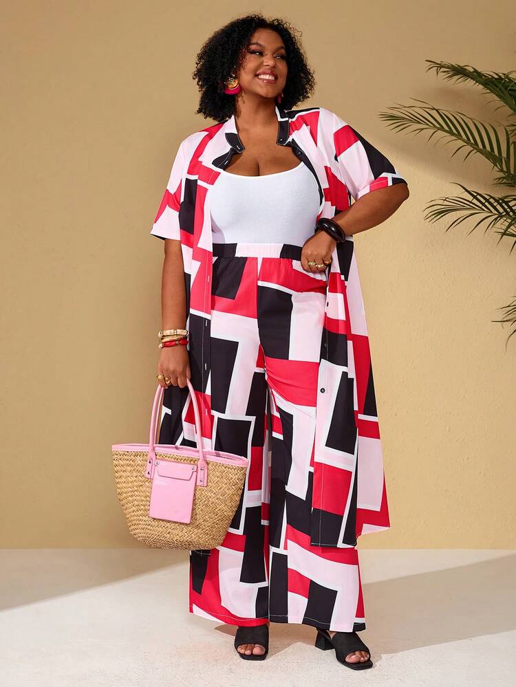 Plus Size Women's Summer  Casual Vacation Geometric Print Long Shirt And Pants 2 Pieces Set,Vacation,Early Spring,Spring Break Outfits ,Vacation Outfits Women ,Holiday Outfits For Women,Spring Clothes Women,Going Out Outfits,2026 New Clothes,Simple And Fashionable For Everyday Wear, Plus Size 2 Piece Sets, Plus Size Women Clothes 2 Piece, Geometric Print Set