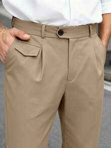 Manfinity Mode Plus Size Men's Solid Color Pleated Pocket Straight Leg Formal Pants, Suitable For Commuting - Khaki - View 5