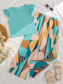 SHEIN 两件套女童休闲百搭绿色针织无袖上衣（荷叶边袖），修身圆领套头衫，松紧腰碎花直筒裤，度假风夏季套装 - 綠色 - 查看 1