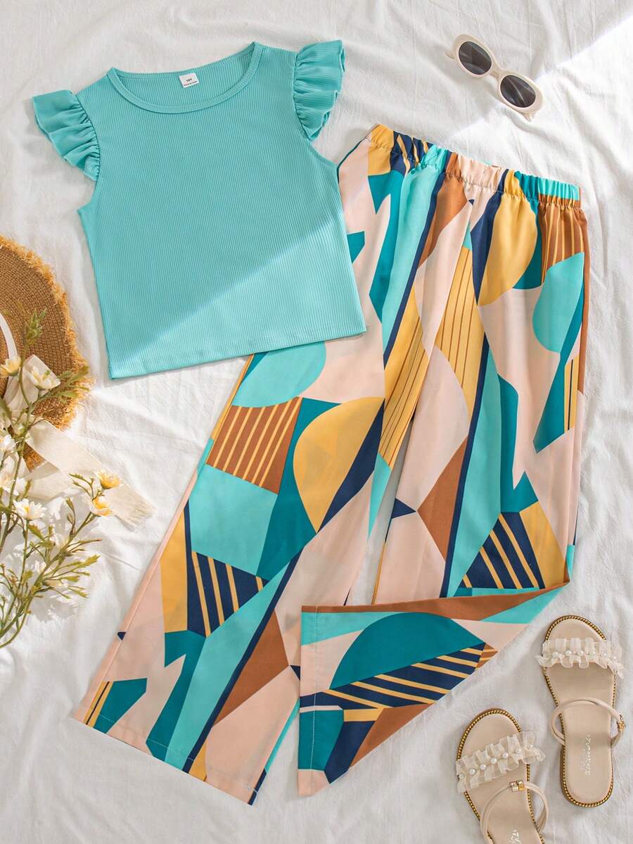 SHEIN 两件套女童休闲百搭绿色针织无袖上衣（荷叶边袖），修身圆领套头衫，松紧腰碎花直筒裤，度假风夏季套装 - 綠色 - 查看 1