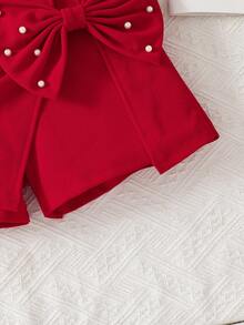 少女优雅通勤珍珠蝴蝶结泡泡袖修身上衣+二合一半裙短裤针织T恤套装 - 酒紅色 - 查看 4