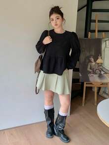 Dazy Plus Black Lantern Sleeve Loose Fit Pullover Blouse, Round Neck, Spring/Autumn