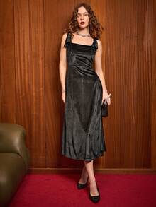 Uhlyne 女士纯色优雅水钻装饰天鹅绒连衣裙 - 黑色 - 查看 7