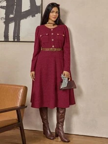 Zelara Elegant Formal Burgundy Autumn Vintage Coin Metal Button Embellished Plus Size Mid-Length Tweed Dress,Winter Classic Clothes For Women Outfit - Red - View 9