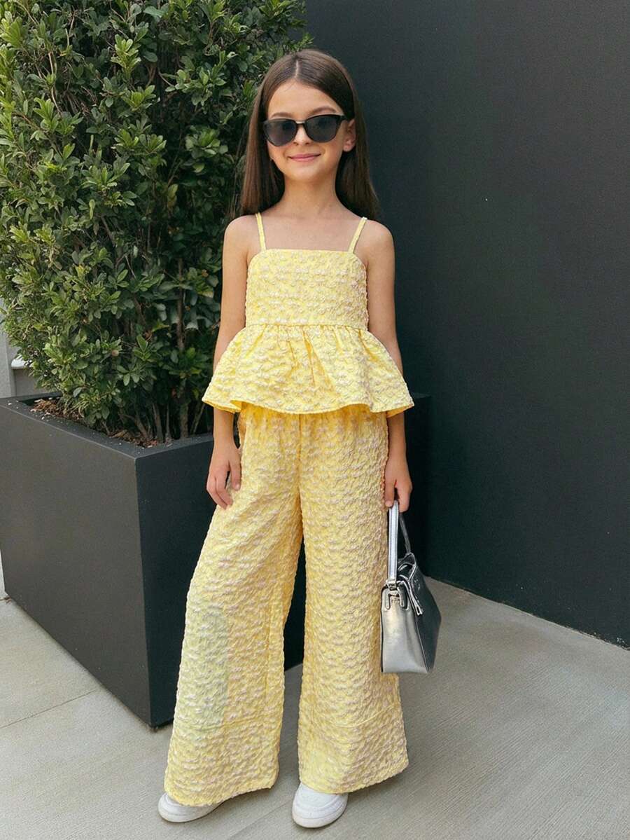 Firerie Kids Firerie Kids Nova Glow 少女度假休闲编织蓝色条纹吊带背心和阔腿裤套装 - 黃色 - 查看 1