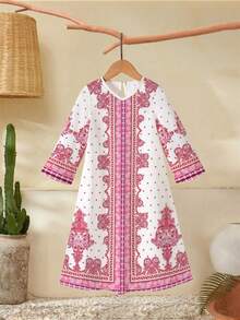 女童复古佩斯利印花撞色长袖连衣裙，轻盈、优雅、休闲，春夏款 - 彩色 - 查看 4