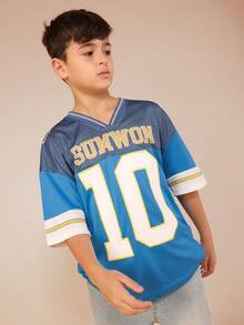 SUMWON Camiseta de manga corta con cuello en V de verano casual con gráfico del número 10 de fútbol para niños, talla grande - Azul - Ver 3