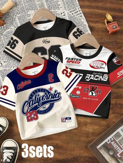 3pcs/Set Young Boys' Casual Creative Personalized Refreshing Minimalist California 23 Badge, Five-Pointed Star, Racing King 66 Stripe, Letter Graphic Print Short Sleeve T-Shirts, Comfortable Daily Wear, Cozy Summer & Fall Styles Suitable For Spring, Summer, Autumn Custom Jersey Kids Kids Manchester City Jersey Baseball Shirts For Kids Kids Jerseys