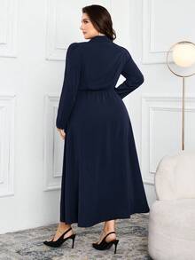 Modelyn Đầm công sở hai hàng cúc màu trơn thanh lịch cỡ lớn - Màu xanh hải quân - Xem 2