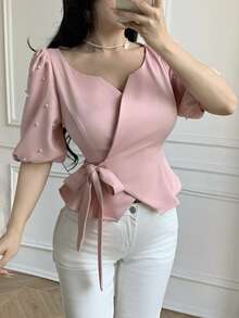 Celisse Women's Elegant Keyhole Neck Bubble Sleeve Blouse With Faux Pearl Decor, Tie Waist, Suitable For Summer, Dates, Valentine's Day - Pink - View 5