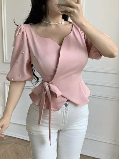 Celisse Women's Elegant Keyhole Neck Bubble Sleeve Blouse With Faux Pearl Decor, Tie Waist, Suitable For Summer, Dates, Valentine's Day